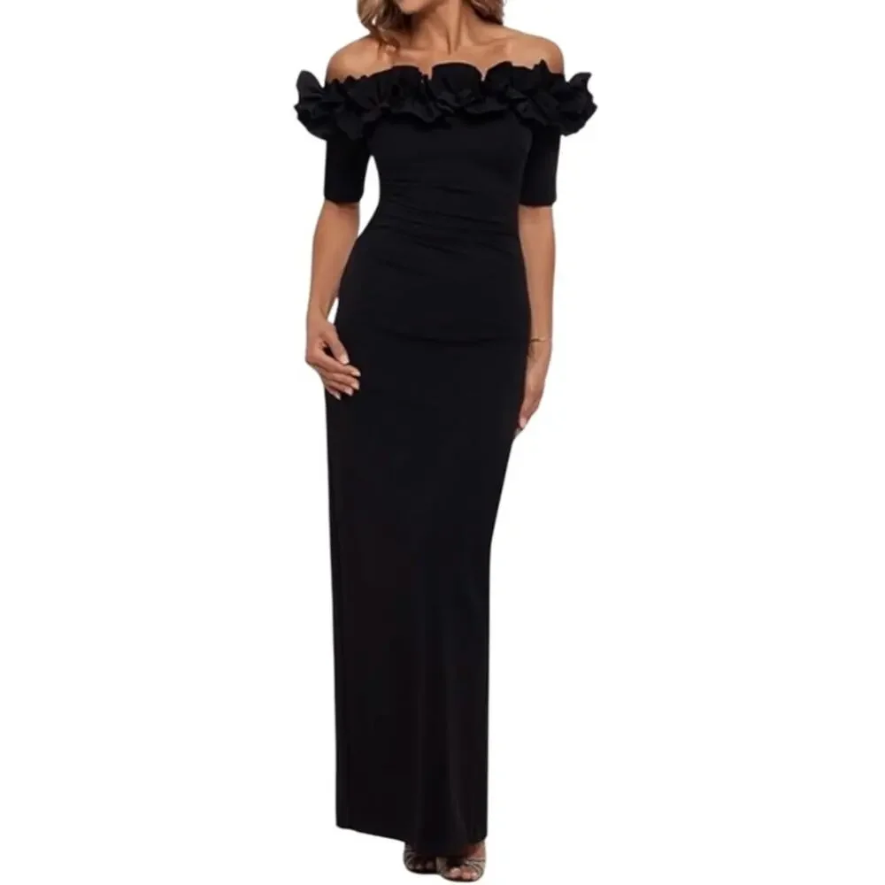 Xscape Women's Scuba Crepe Ruffled Off-the-Shoulder Gown Black Size 12 NWT - Picture 2 of 10